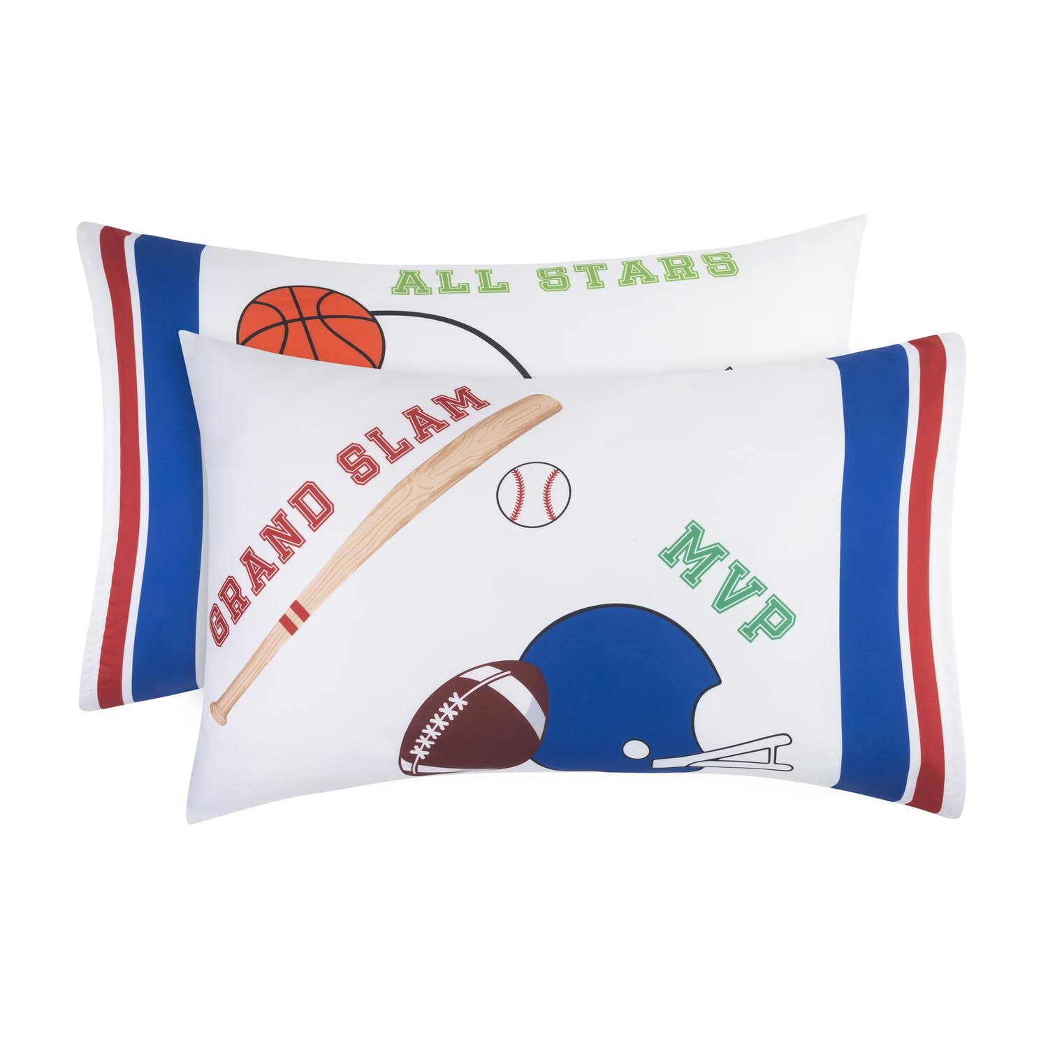 Everyday Kids 2-Pack Standard Size Pillowcases fit Pillows 20 x 26” -100% Soft Breathable Microfiber - Perfect for Toddler Little Boy Twin/Full Size Bed - Sports