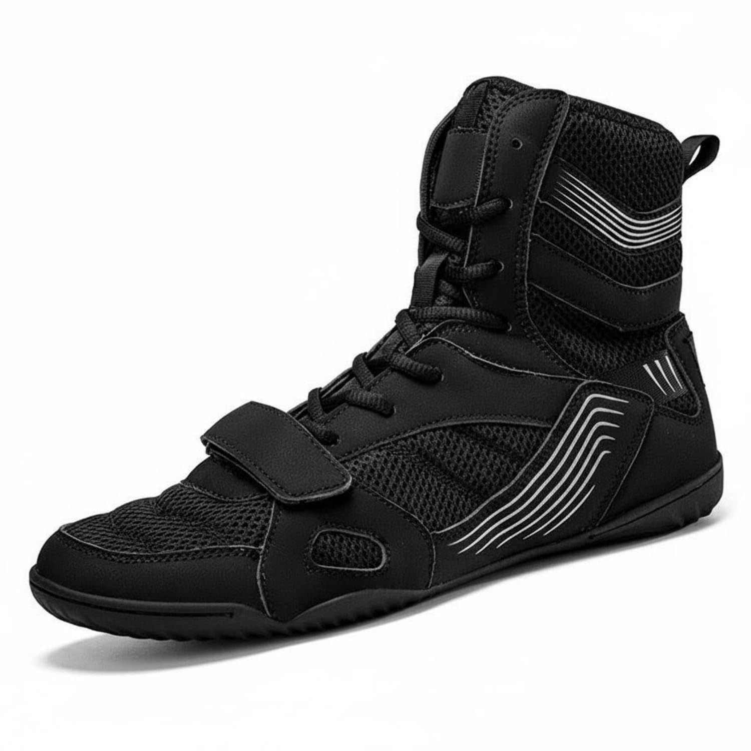 Breathable Mesh High-Top Boxing Shoes Hook-and-Loop Strap High Top Boxing Shoes Grippy Outsole Sports Footwear Synthetic Overlays, Black, 42-image-4