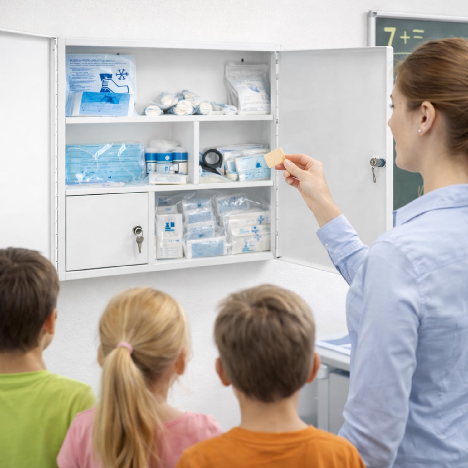Verbandschrank G inkl. DIN 13157:2021 Füllung – Erste Hilfe Schrank groß - Metall, zweitürig – 3 Fächer + abschließbares Medikamentenfach – Wandmontage – Weiß – 60 × 50 × 13 cm