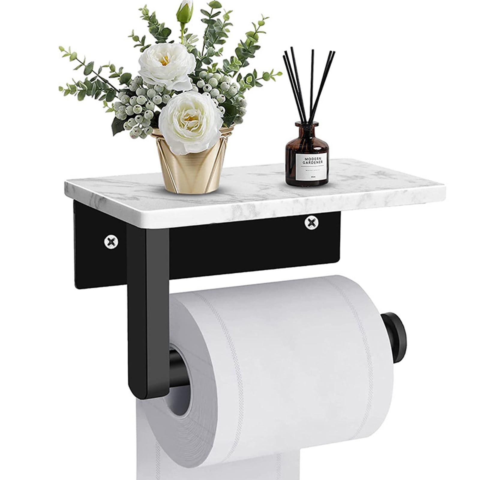 Porte-papier toilette avec étagère supérieure en marbre en acier inoxydable pour salle de bain 17 x 9,9 cm