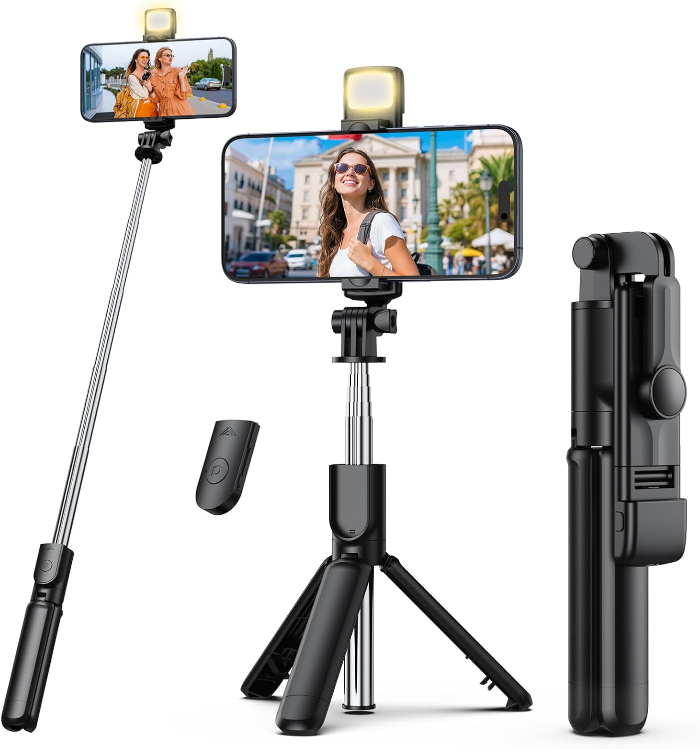 Selfie Stick Tripod with Light, Retractable Selfie Stick Tripod with Wireless Remote Control, for Photograph, Live Streaming, Video Recording, Compatible with 4-7” Smartphone Selfie Stick Tripod with Light, Retractable Selfie Stick Tripod with Wireless Remote Control, for Photograph, Live Streaming, Video Recording, Compatible with 4-7” Smartphone