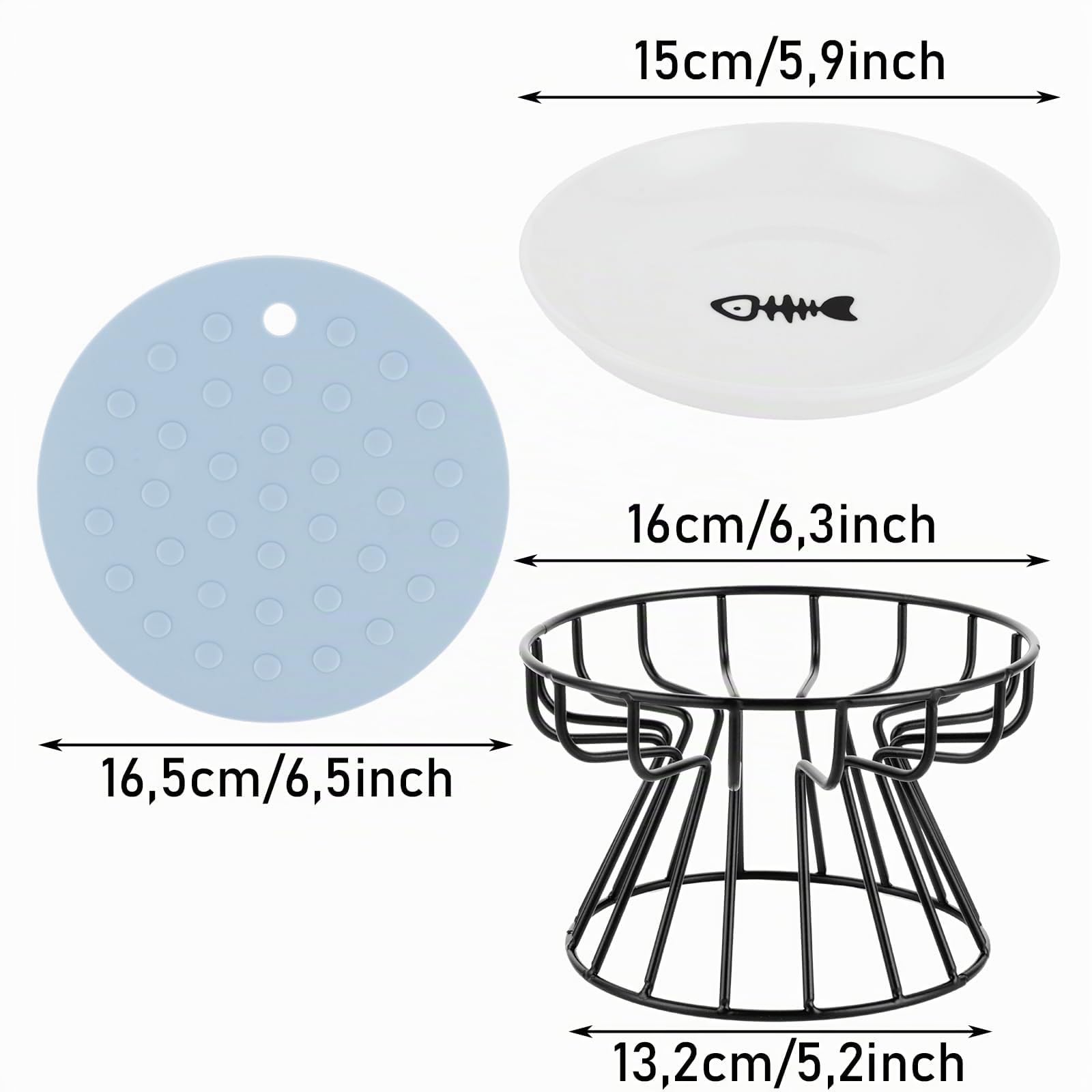 YAYODS Set di 3 Ciotole per Gatti in Ceramica con Supporto Rialzato, Ciotola Rialzata per Gatti e Cani Piccoli con Tappetino in Silicone Antiscivolo, Design Salva-Cervicale e Lavabile in Lavastoviglie
