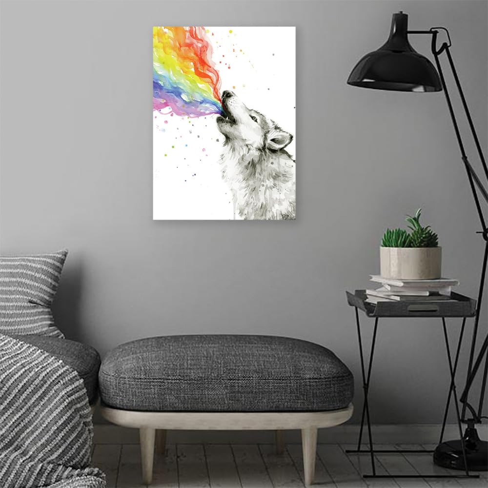 VERRE ART Printed Framed Canvas Painting for Home Decor Office Wall Studio Wall Living Room Decoration (14x22inch Wrapped) - Wolf Rainbow Watercolor