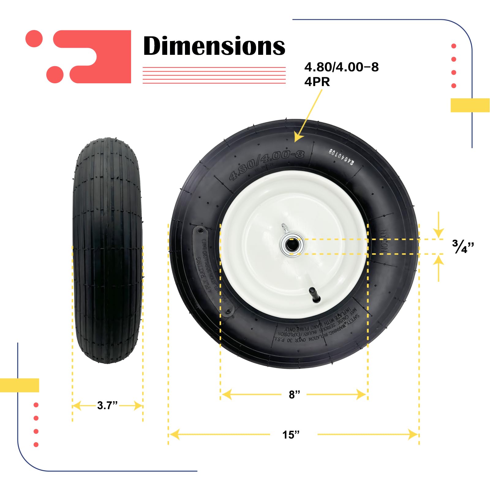 Paquete de 2 neumáticos y rueda de carretilla neumática 4.80/4.00-8 con buje centrado de 3 a 6 pulgadas, rodamientos de 3/4 pulgadas o 5/8 pulgadas o 1/2 pulgadas, montaje de neumático de goma de 16