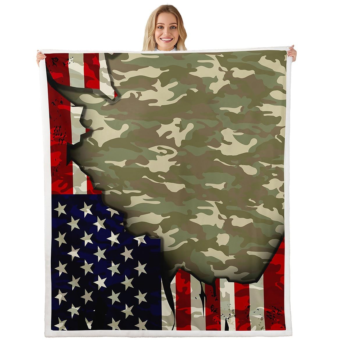 Feelyou American Flag Camo Fleece Throw Blanket Baby 30"x40" 4th of July Patriotic Camouflage Plush Sherpa Blanket Fuzzy for Boys Girls Men Green