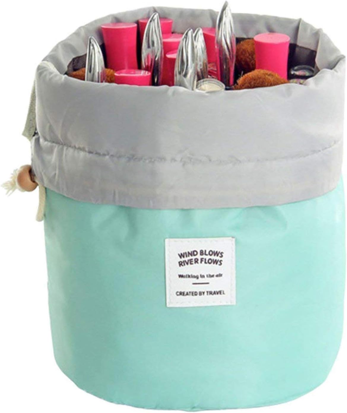 EUOW Travel Cosmetic Bags Barrel Makeup Bag,Women Portable Foldable Cases, Multifunctional Toiletry Bucket Bags Round Organizer Storage Pocket Soft Collapsible(Lightblue)