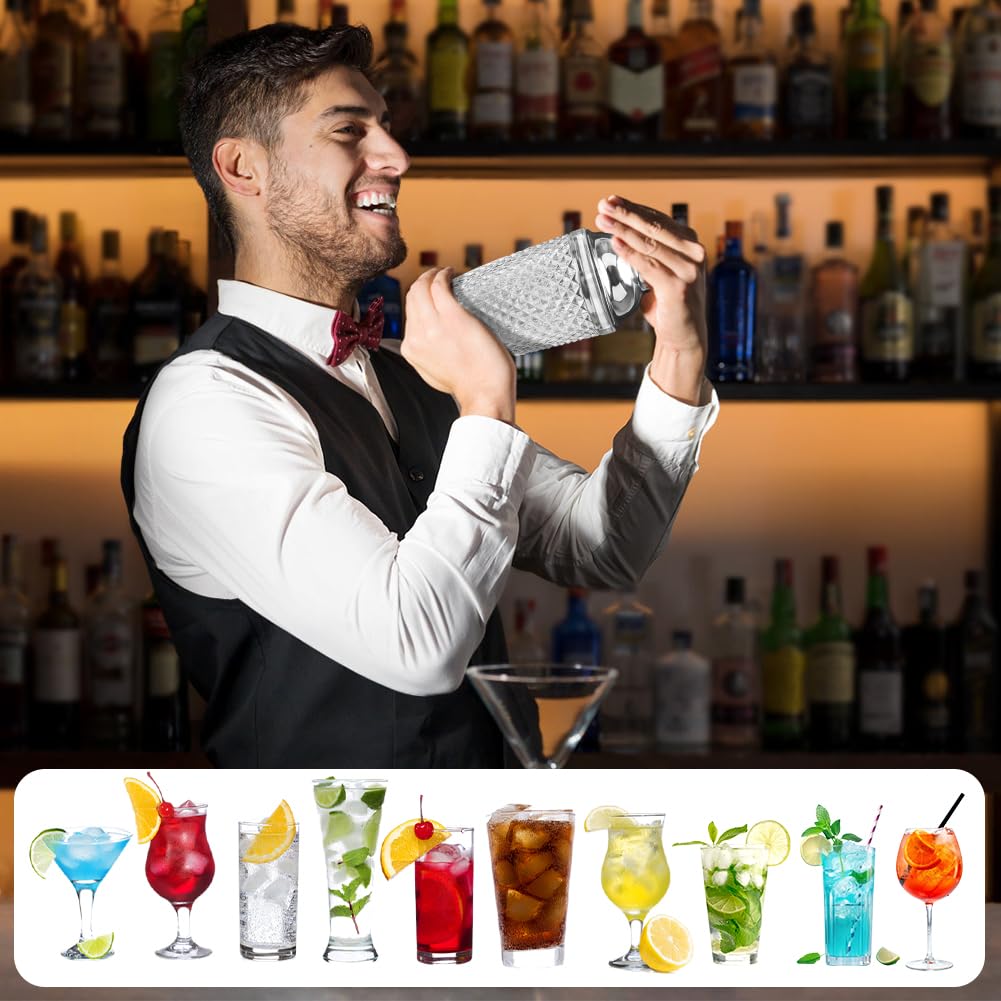 Shaker da Cocktail 400 ml, Set di shaker per cocktail in Acciaio inox e Vetro, Shaker con colino misurino e cucchiaio per casa, bar, vino, succhi di frutta misti, bevande (Argento-1)