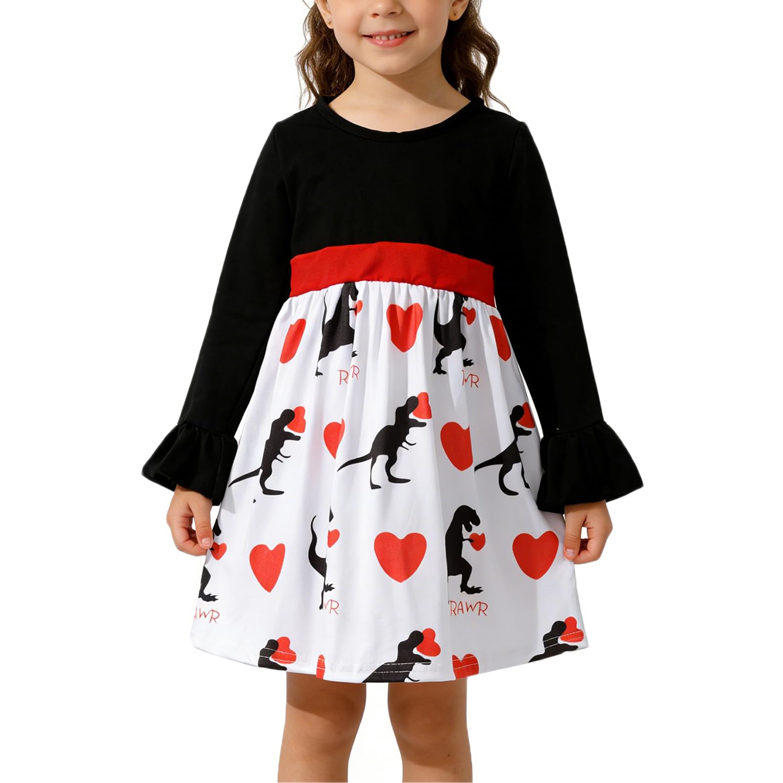 Valentines Toddler Girl Dress Love Hearts Print Ruffle Long Sleeve Casual Dress 3-8Y
