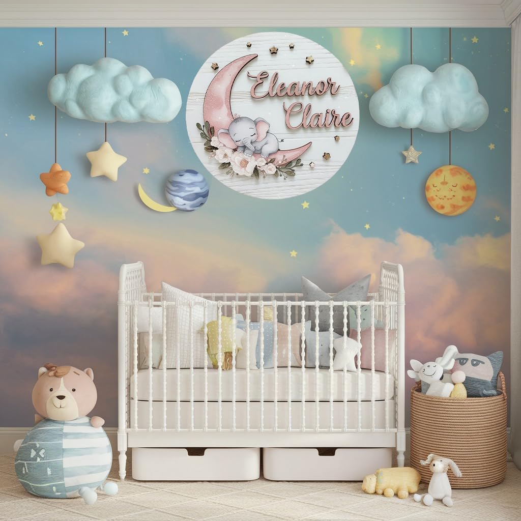 Personalized Wooden Name Signs for Nursery, Moon Elephant Sign for Baby Door Decor, Newborn Gifts for Girl, Girls Nursery Wall Bedroom Decorations, Mother's Day Gifts for New Mom Dad Gift