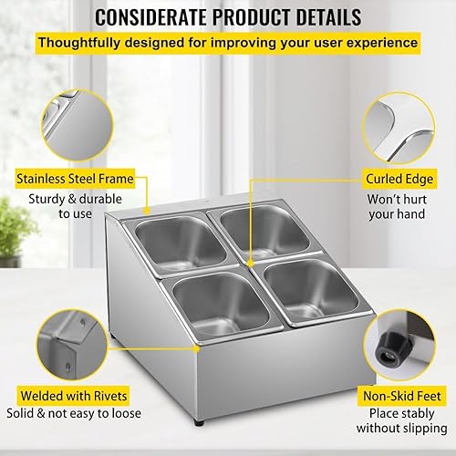 Miniatura 6 de Estante de acero inoxidable para especias con dos filas, cuatro bandejas de 1/6, cuatro cucharones, soporte inclinado para encimera para uso en