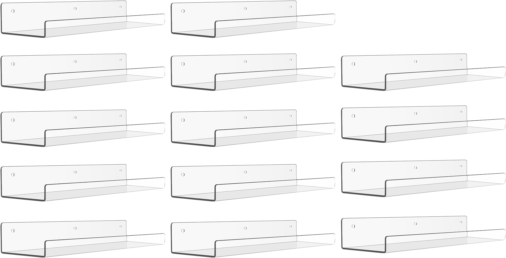 upsimples 14 Pack Acrylic Shelves for Wall Storage, 15" Floating Bookshelves for Kids, Display Shelf Organizer for Bathroom, Bedroom, Living Room, Kitchen, Room Decor, Clear