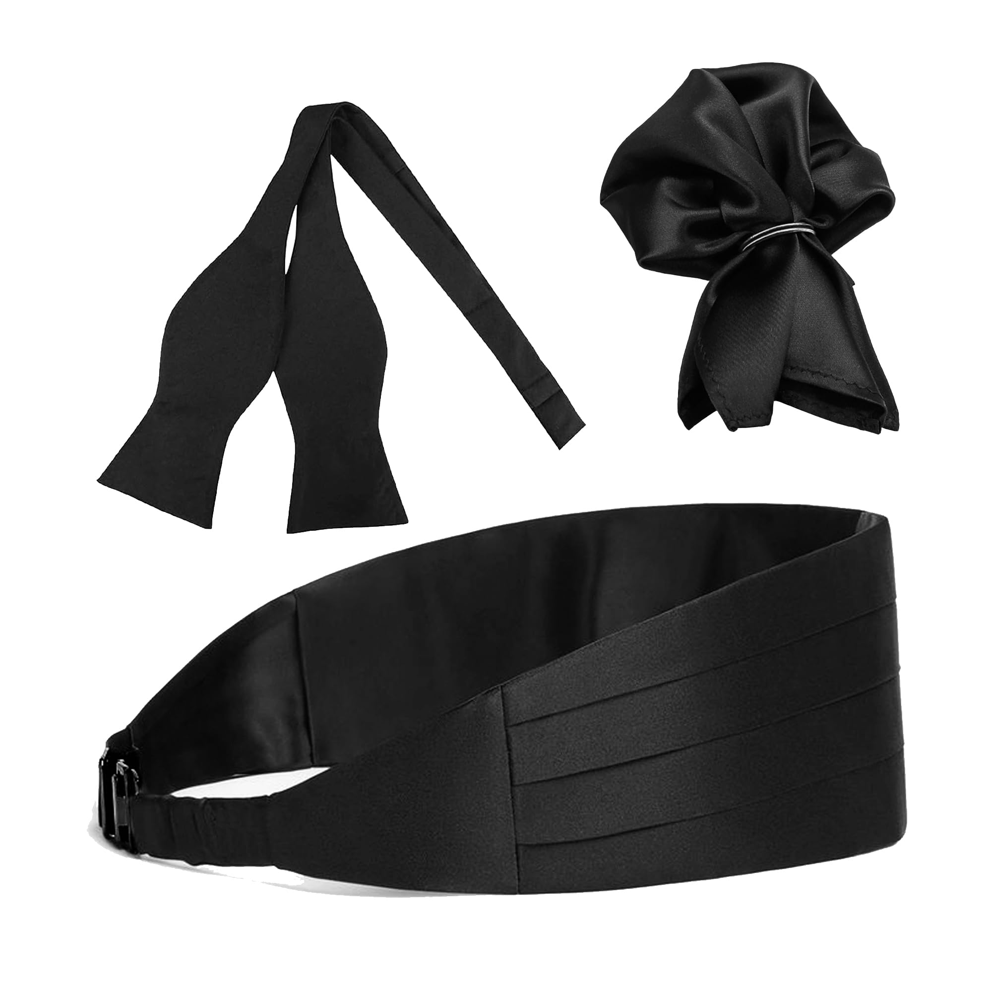 Men's Satin Cummerband, Open Bow Tie and Pocket Square Set (Black).