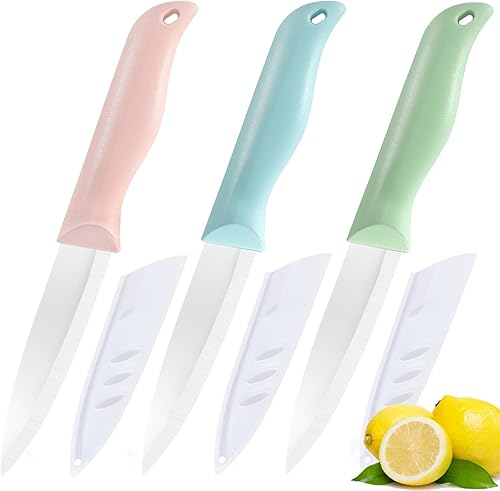 Juego de cuchillos de chef, cuchillos de cerámica de 3 piezas, cuchillo de frutas de 4 pulgadas adecuado para la mayoría de verduras, frutas y carnes