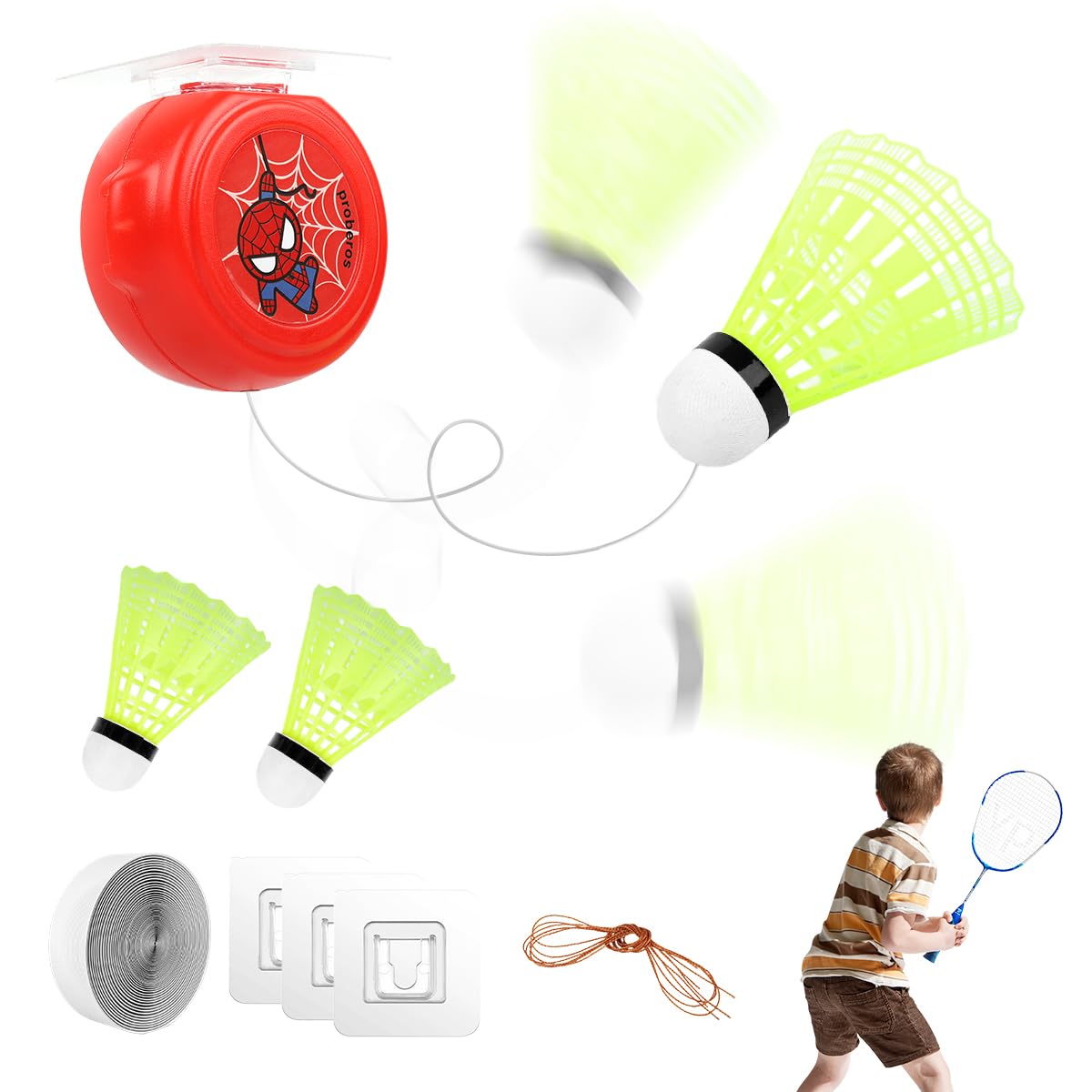 Proberos® Badminton Training Device Set, with 3 Badmintons and Strings Kit, Reaction Training Device Self-Adhesive Simple Hanging – No Racket, for Children Kids – Red Super Hero Proberos® Badminton Training Device Set, with 3 Badmintons and Strings Kit, Reaction Training Device Self-Adhesive Simple Hanging – No Racket, for Children Kids – Red Super Hero