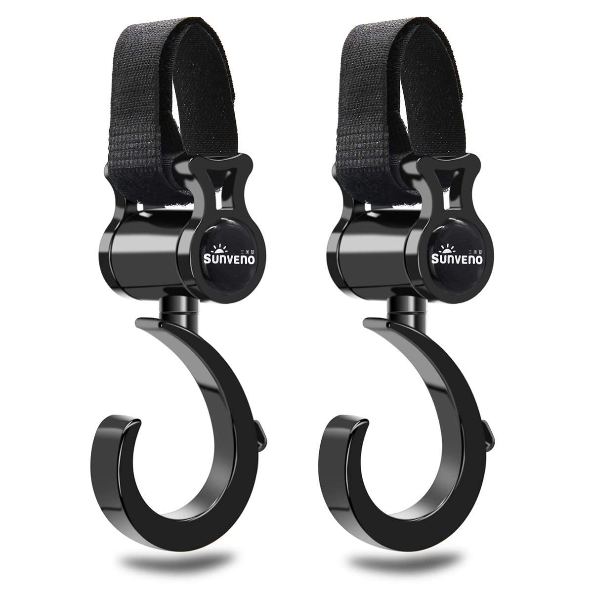 SUNVENO Stroller Hooks 2 Pack, 360° Rotating Universal Stroller Clips with Adjustable Straps, Heavy Duty Bag Holders for Diaper Bags, Purses, Groceries and Travel Use