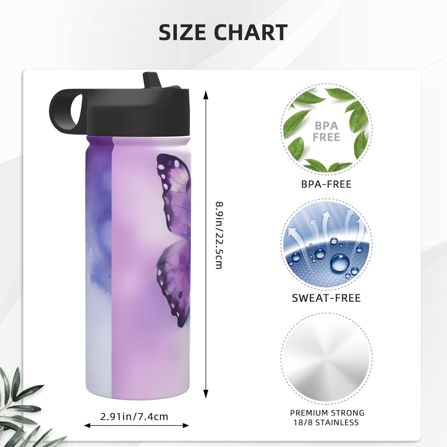 18 oz Purple Butterfly Double Wall Insulated Water Bottle with Straw and Lid, Stainless Steel Sports Bottles Watercolor Travel Mug for Home Office