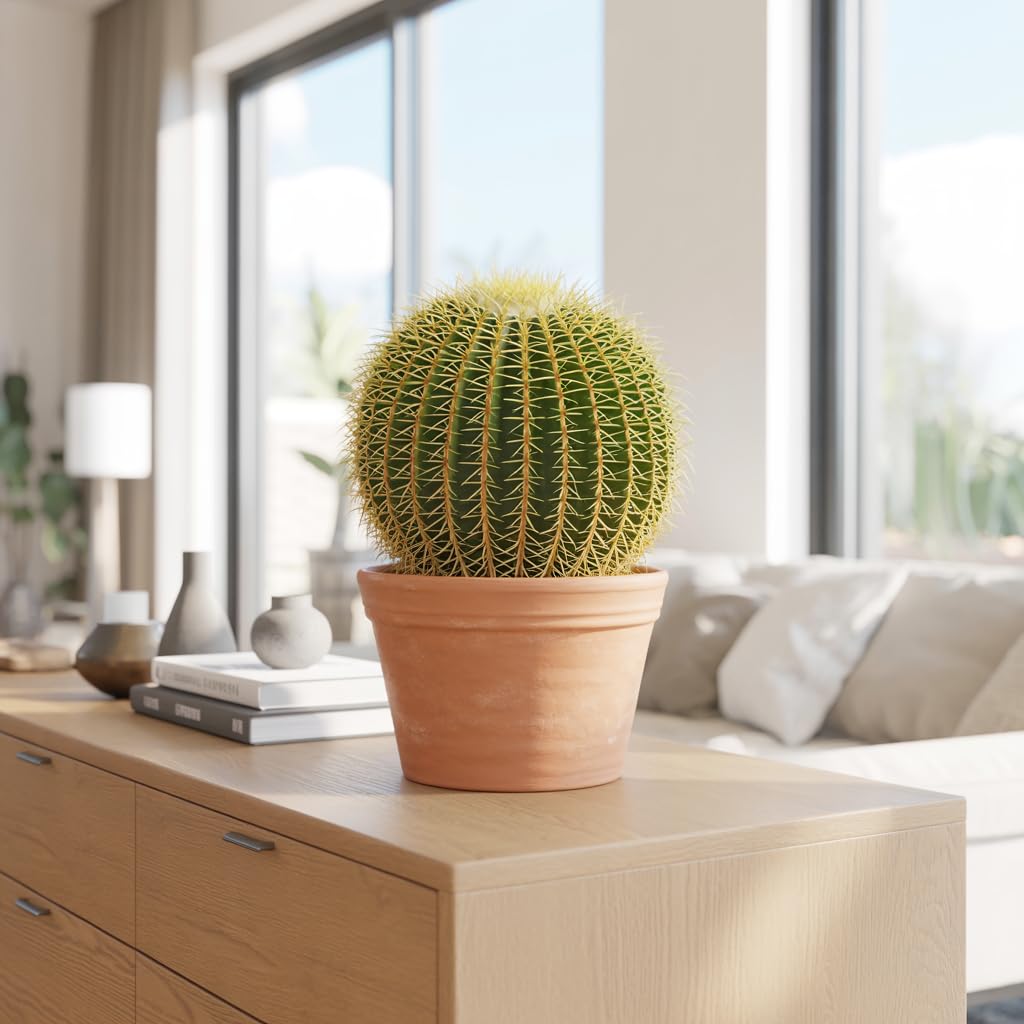 Iflo® Goldkugelkaktus Echinocactus grusonii Schwiegermutterstuhl XXL ca. 30-50 cm Höhe im Ø27 cm Topf – Pflegeleicht, selten gießen, echte lebende Zimmerpflanze