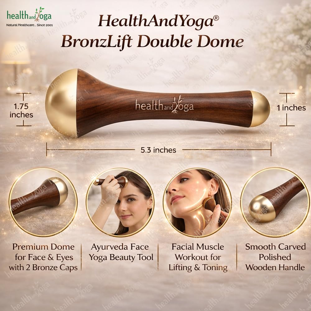 HealthAndYoga BronzLift Kansa Zauberstab – Beidseitige Bronzekappe – Added Beauty Face Oil Phiole – Ayurveda Gesicht Yoga Beauty Tool – Gesichts-, Nacken- und Unteraugenmassage – Straffung und