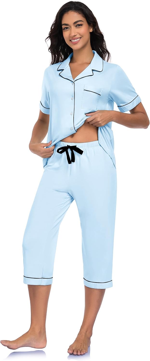 EA'S SECRET Cotton Pajamas for Women Pjs Capri Pajama Sleepwear Button Down Short Sleeve Loungewear Set Sleepwear For Women - Image 2