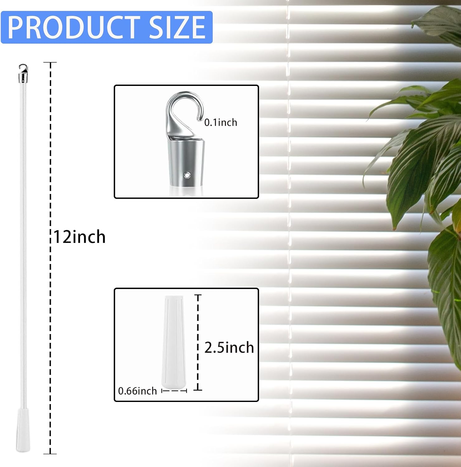 Fiberglass Blinds Wand Replacement Part with Hook and Handle for Windows Shades Accessory (4, 12inch)