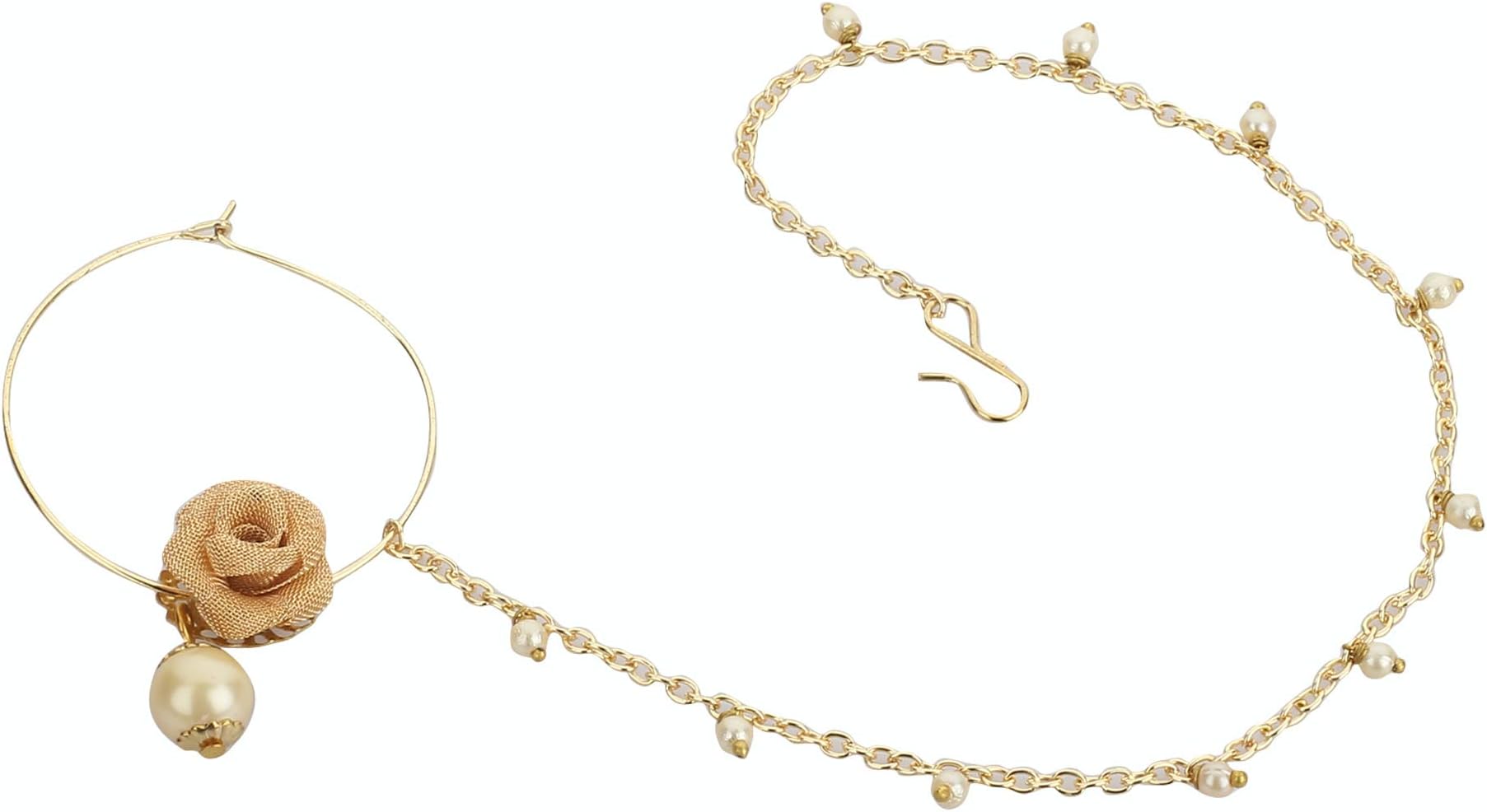 Abhika CreationsAbhika Creations Handmade Indian Tradtional Nath With Hair Chain Golden Pierce Nose Ring With Hair Chain Designer Bridal Jewelry Nathani Stylish Nose Ring (Golden Rose & Pearl)