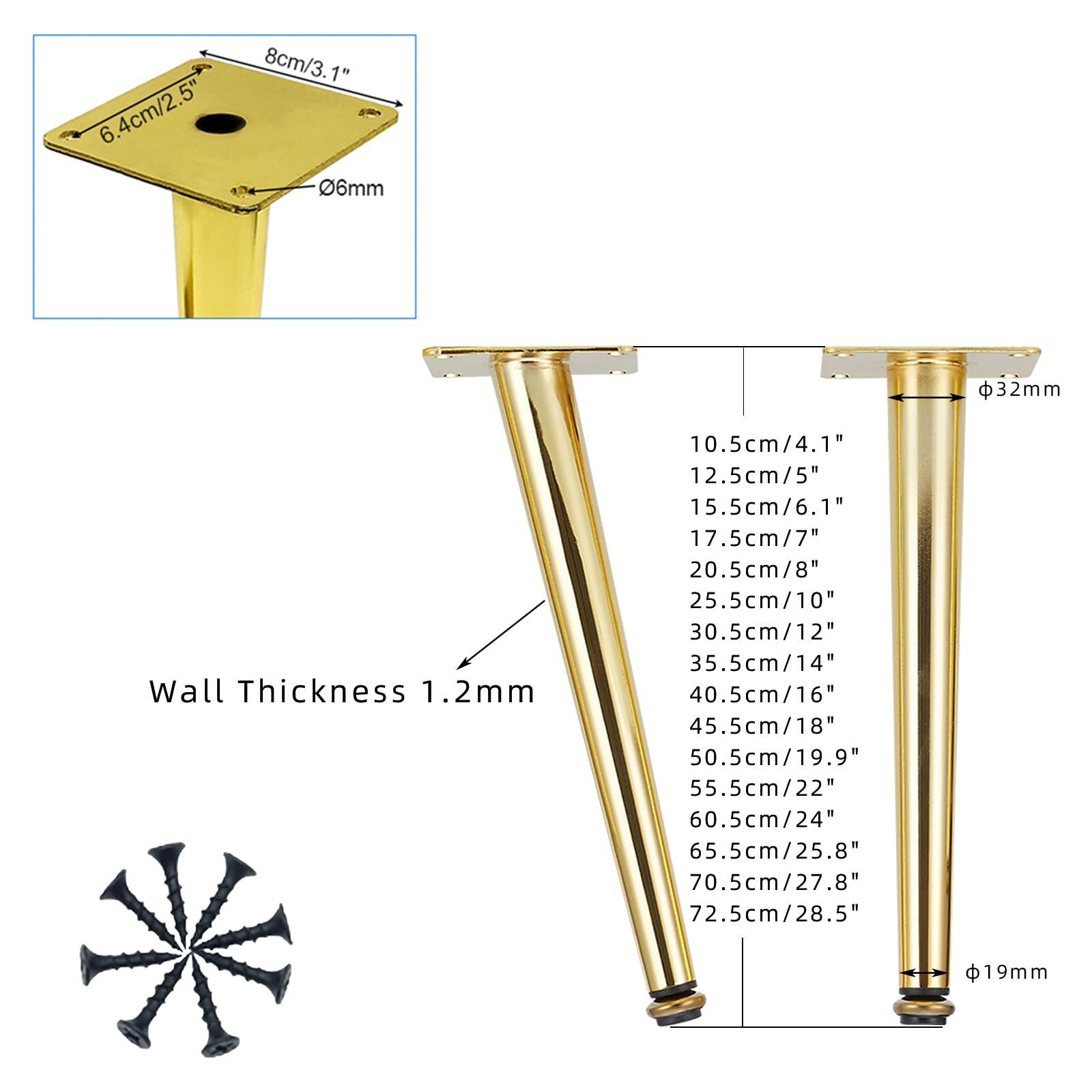 Piedini per Tavolo Conici Moderni 4 Pezzi Piedini per Tavolo Regolabili In Acciaio Laminato A Freddo Color Oro Vernice Spray Piedini per Divano Altezza: 10,5-72,5 cm Piedini per Mobile 35,5 cm/14"
