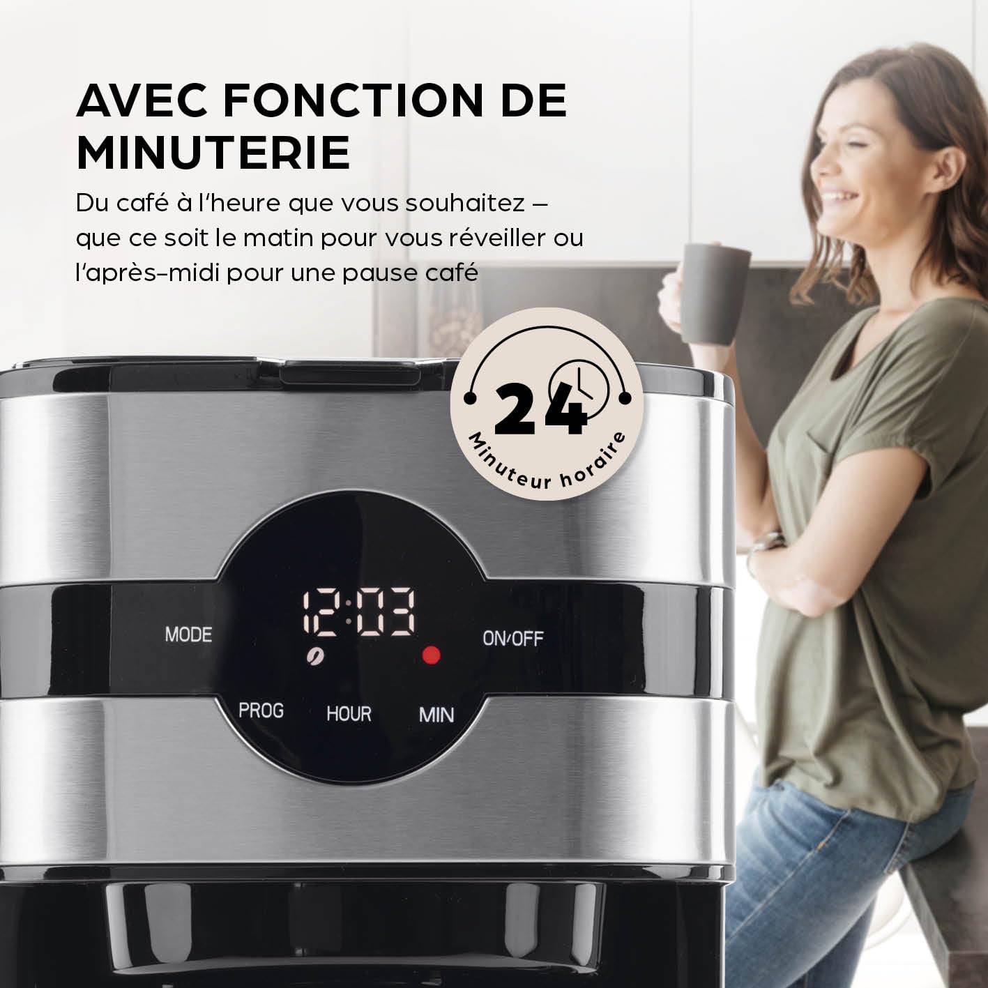 Barista Cafetière filtre avec thermos | Minuteur 24h & filtre permanent | Pour 8 tasses de café | Cafetière pour poudre [Acier inoxydable]