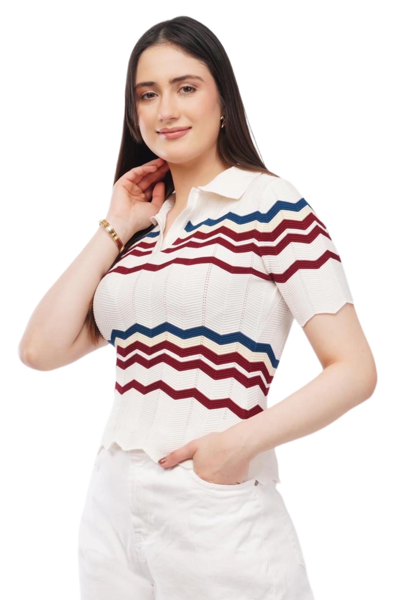 qmax Women’s Striped Knit Polo T-Shirt | Soft Stretch Short Sleeve Casual Top | Stylish Wear | Trendy Casual Summer Top-picture-36