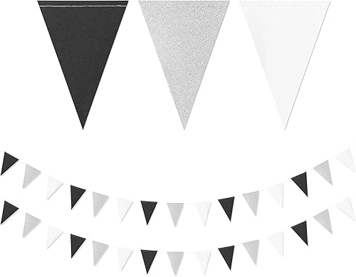 Banderín de banderín plateado y negro, paquete de 2 banderas triangulares de papel con chispas con purpurina, cumpleaños, graduación, 2025, día del