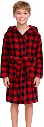 Boys Fleece Robe Kids Hooded Bathrobe Plush Soft Fuzzy Bathrobe for Children 2-16 Years