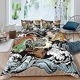 Tiger Comforter Cover King Japanese-Style Dragon Pattern Duvet Cover Ukiyo-e Theme Wave Printed Cool...