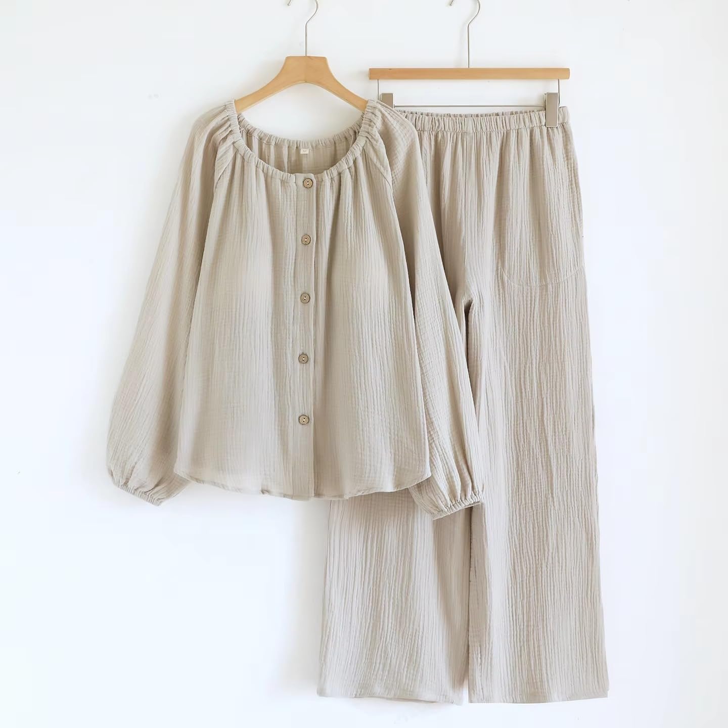 Conjunto de pijama de 2 piezas con cuello redondo y manga larga suave y cómoda con almohadilla para el pecho para mujer