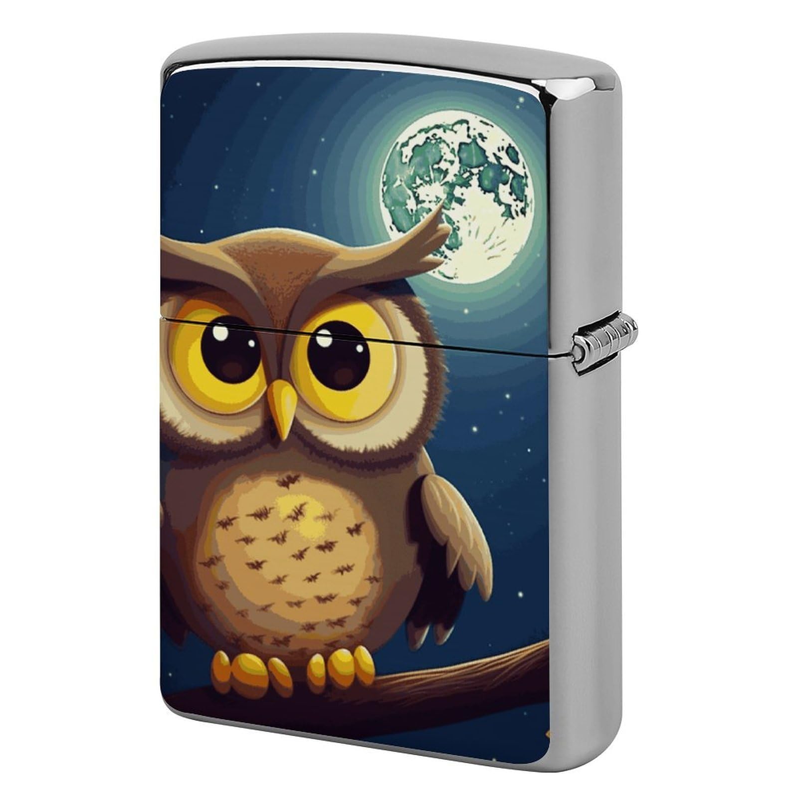 Owl and Yellow Moon Lighter Case Vintage Metal Lighter Cover Reusable Lighter Protective Sleeve Unique Design Personalized Lighter Sleeve Holder Against Dust and Scratches