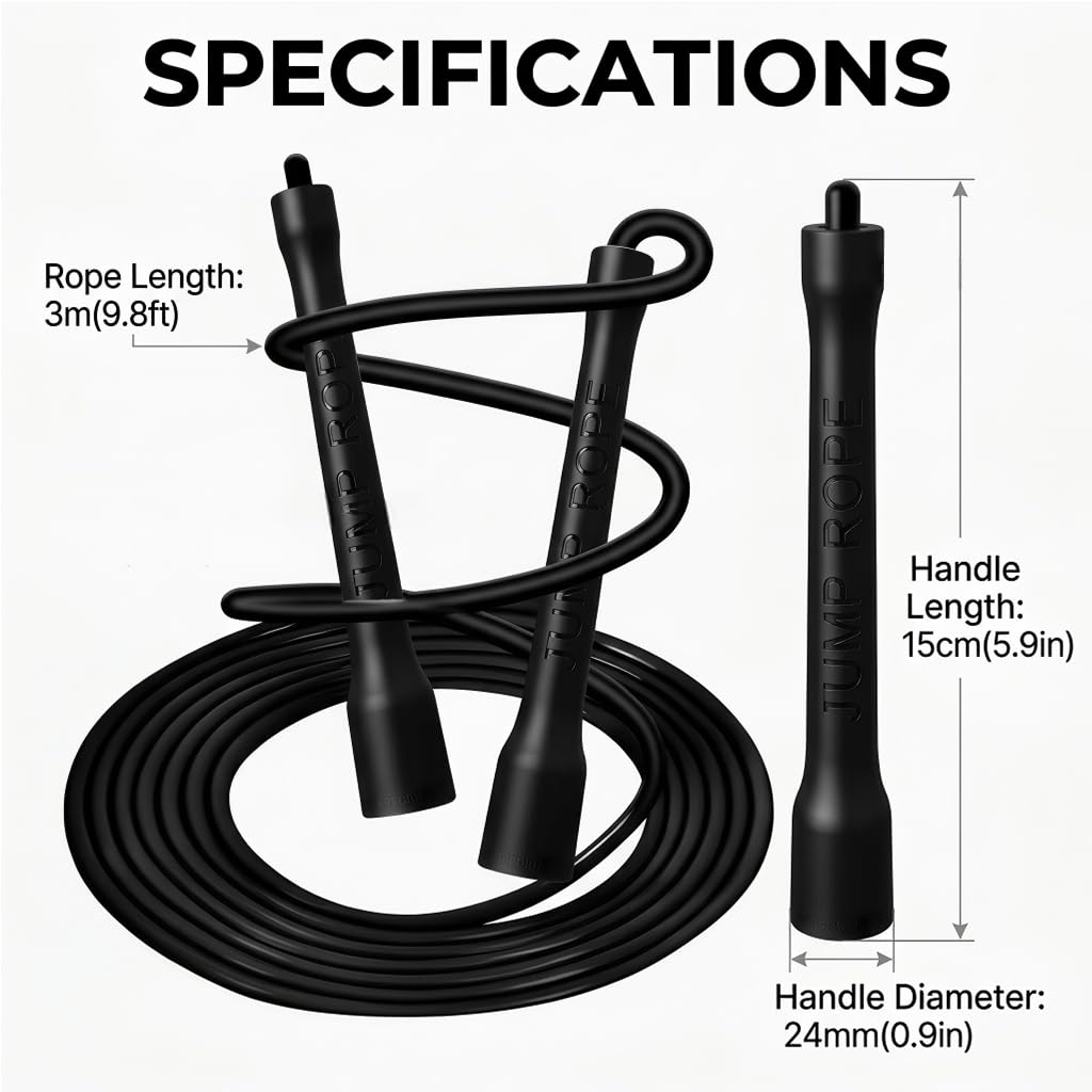 Cuerda de saltar para adultos, fitness, PVC, ajustable, para boxeo, MMA, resistencia, entrenamiento, mango antideslizante, 3 m de largo, color negro, ideal como cuerda de boxeo, cuerda de saltar y