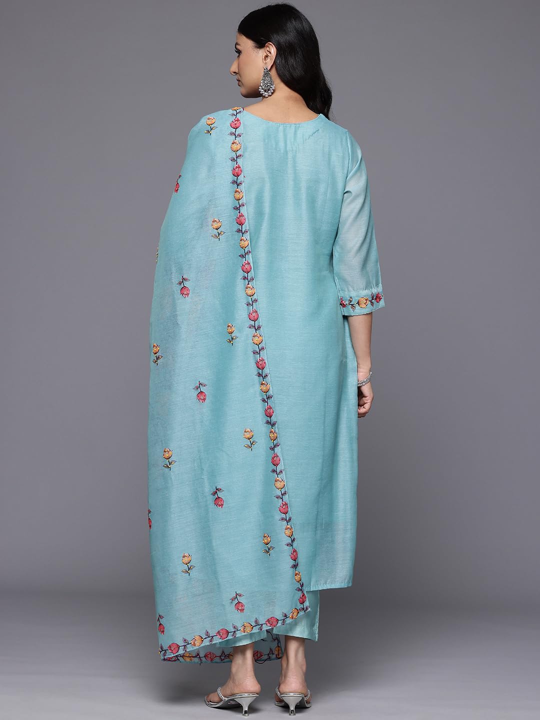Varanga Women Blue Floral Printed Thread Embroidered Kurta Paired With Bottom And Dupatta