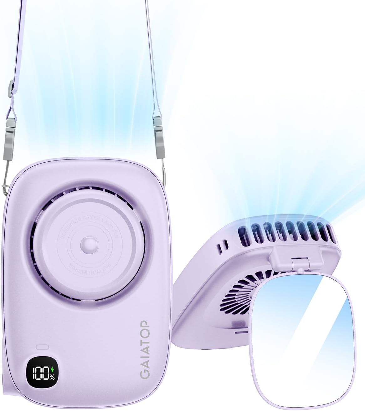Gaiatop Mini ventilador de cuello, uso de escritorio de mano recargable, pantalla de alimentación LED, espejo giratorio de 3 velocidades de 360 para