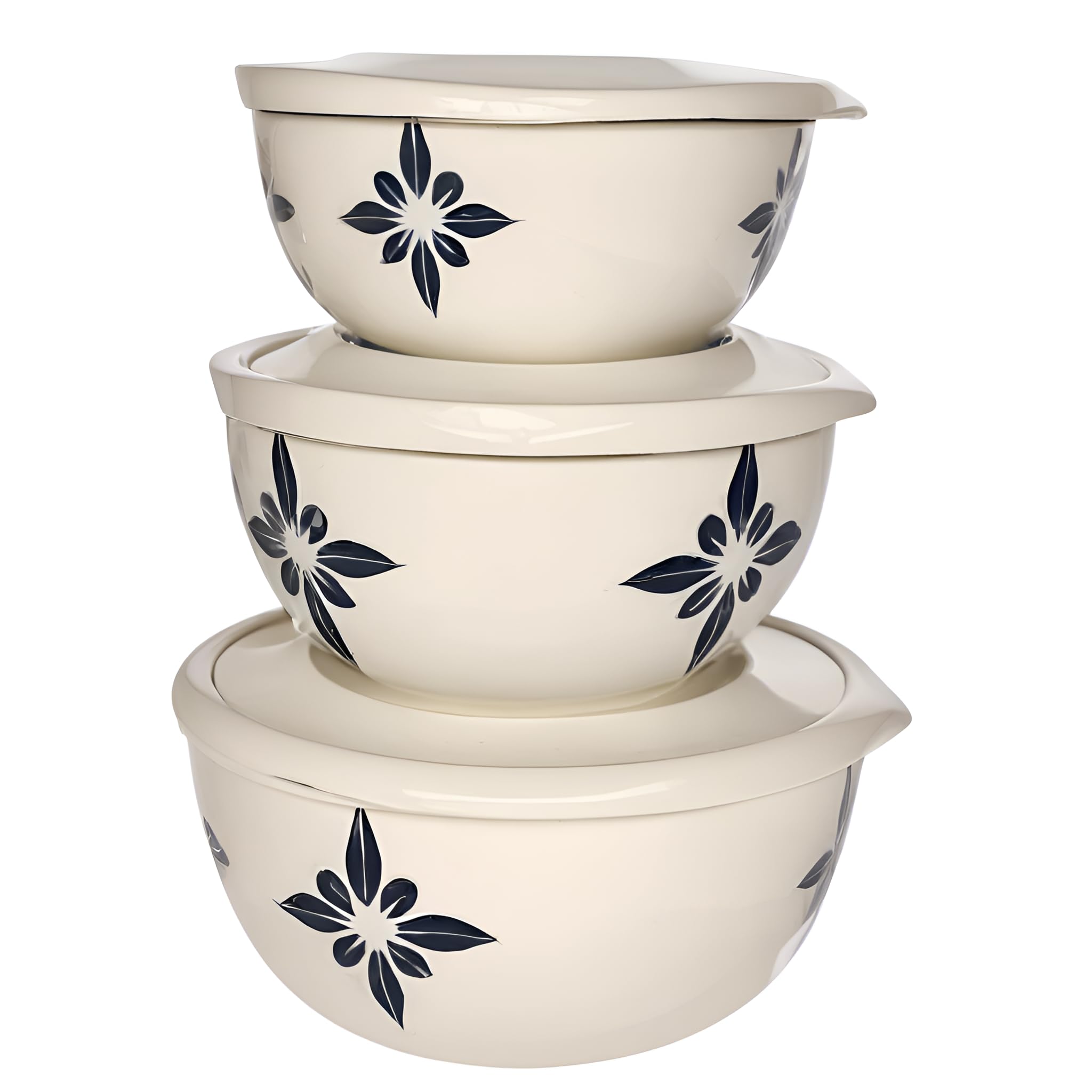 Zaib Stainless Steel Microwave Safe Euro Mixing Bowl Set with Lid | Pack of 3- Capacity (500ml, 800ml, 1250ml) | Snap-Fit Lid (Classic Ivory Star) (Classic Ivory)