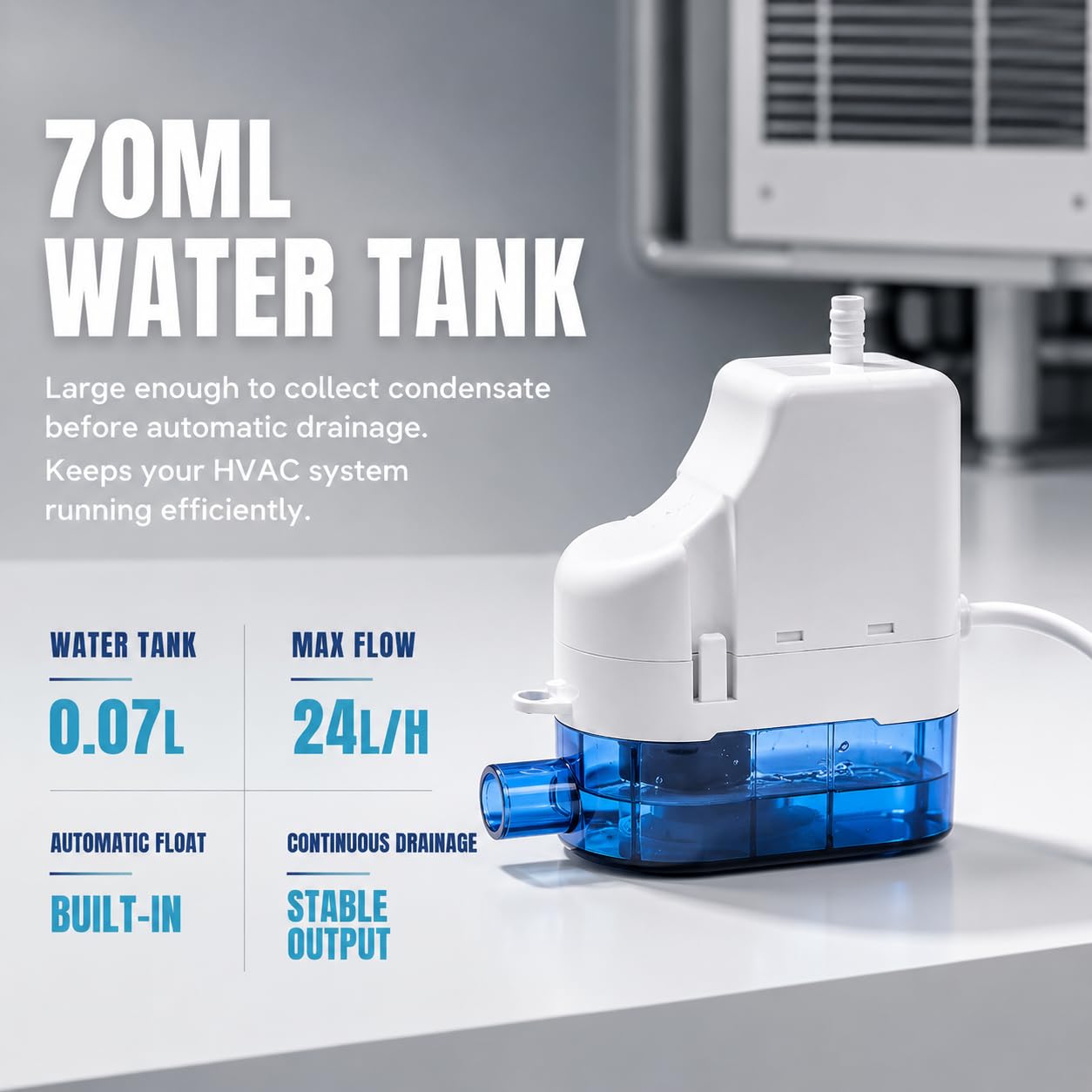 Kondensatpumpe, 10 m Förderhöhe, 24 l/h Fördermenge, automatische Kondenswasserpumpe für Klimaanlagen, 100–230 V, extrem leise (22 dB) für Klimaanlagen, Heizungen und Luftentfeuchter