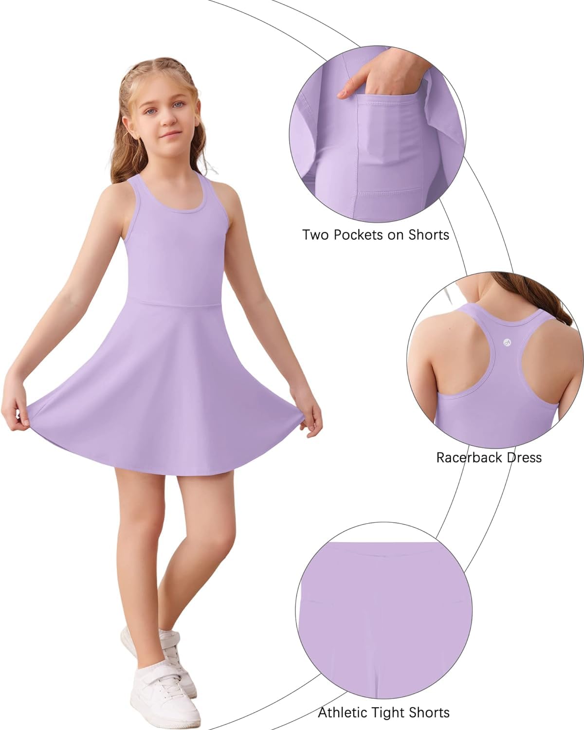 Haloumoning Robe de tennis pour fille - Sans manches - Dos nageur - Robe de sport pour l'école - Avec poches courtes