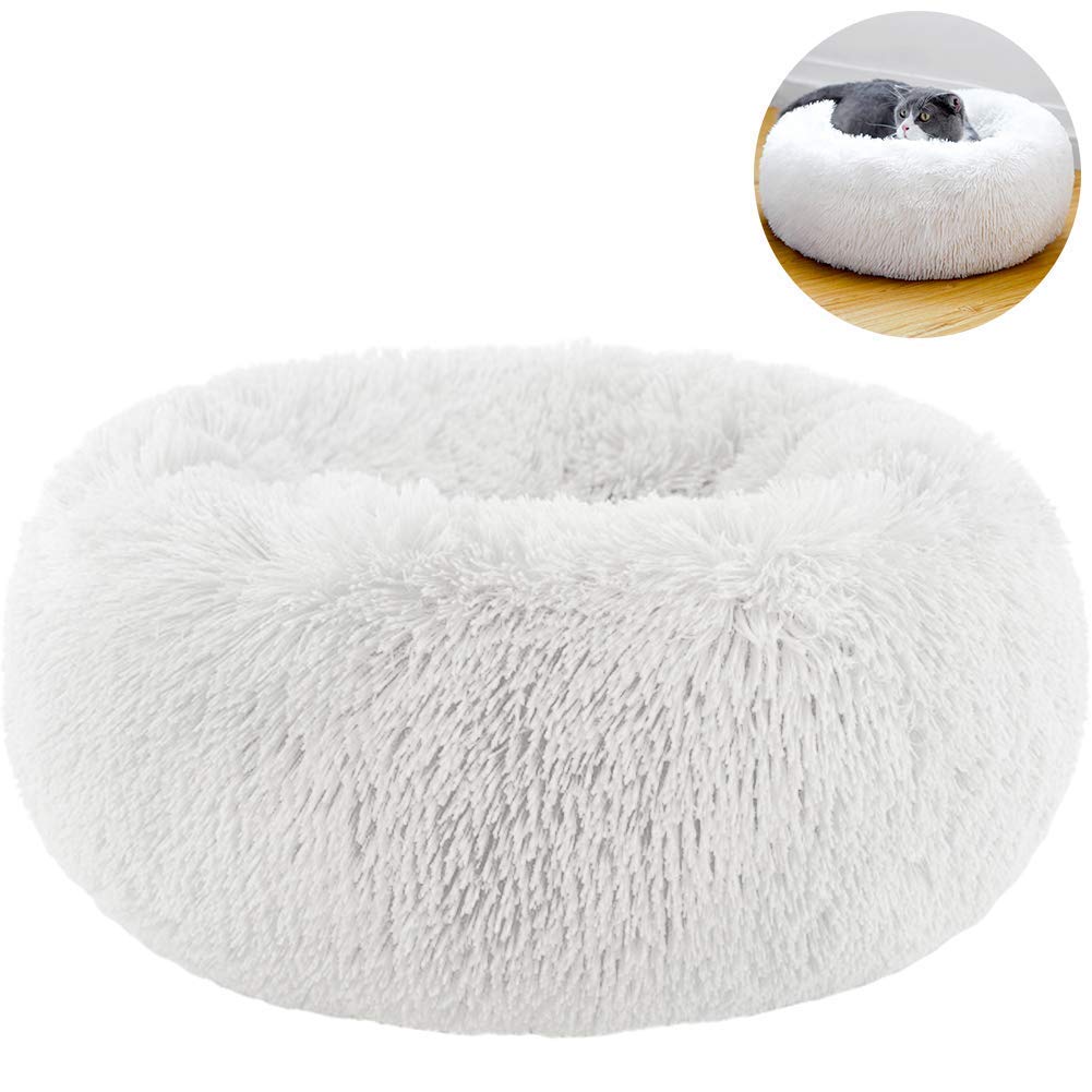 TINTON LIFELuxury Faux Fur Pet Bed for Cats Small Dogs Round Cuddler Oval Plush Cozy Self-Warming Cat Bed for Improved Sleep, White M