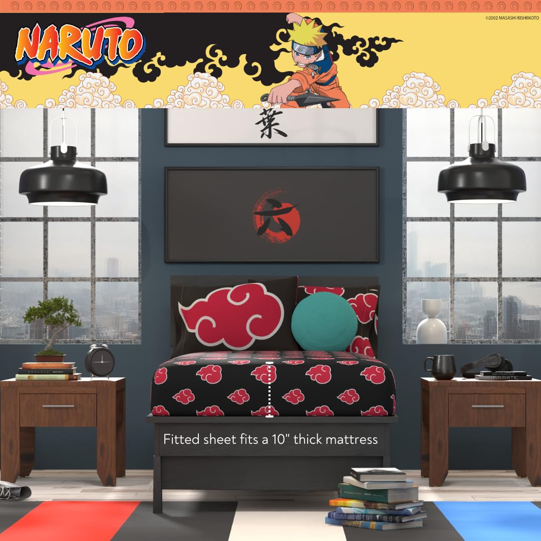 Franco Collectibles Naruto Anime Akatsuki Set de Ropa de Cama 5 Piezas, edredón Reversible Muy Suave con sábanas y Funda de Almohada, tamaño Individual (Producto con Licencia Oficial)