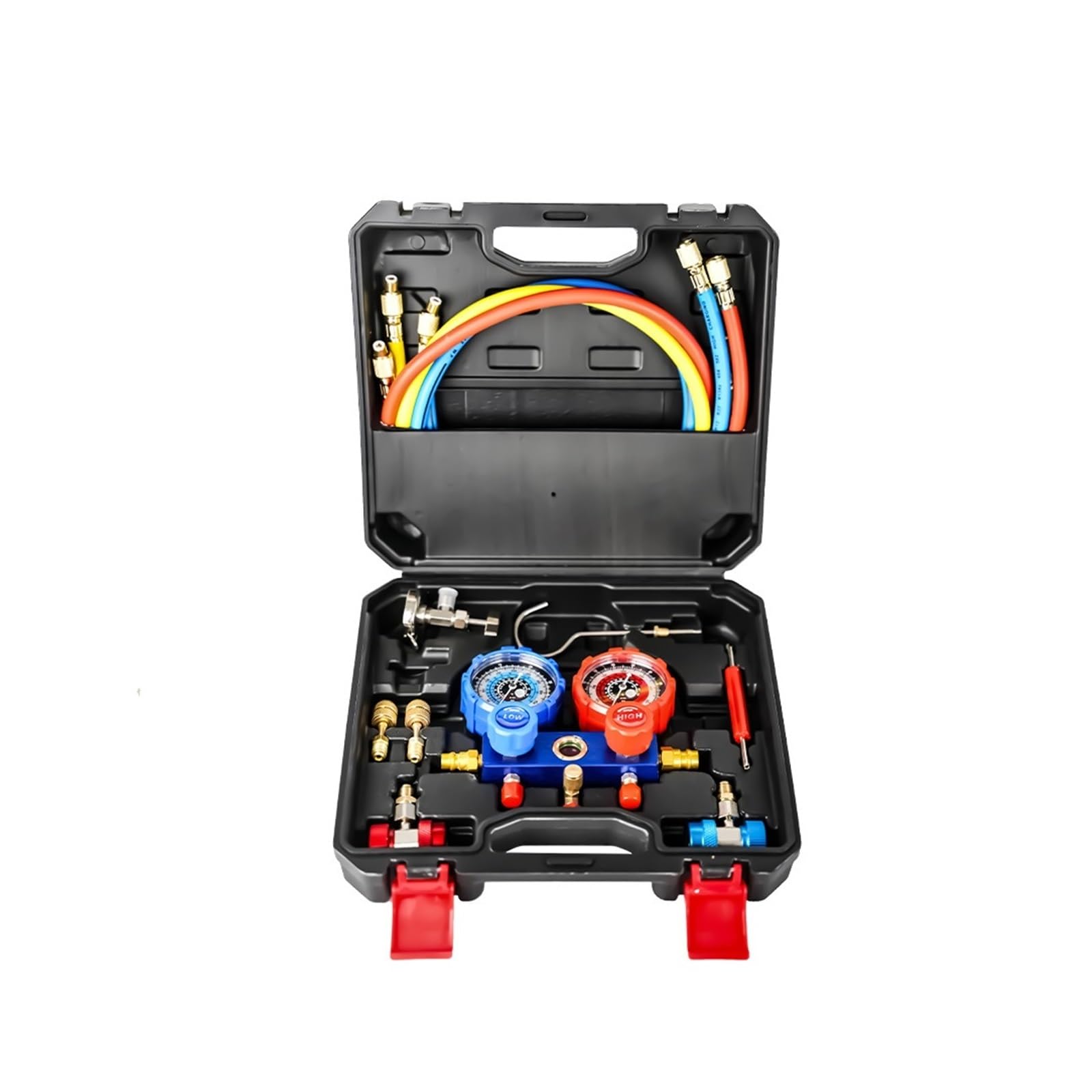 Misuratore collettore A/C a 4 vie per refrigerante R134A R22 con tubo flessibile da 1,5 m, raccordi regolabili e rubinetto della lattina