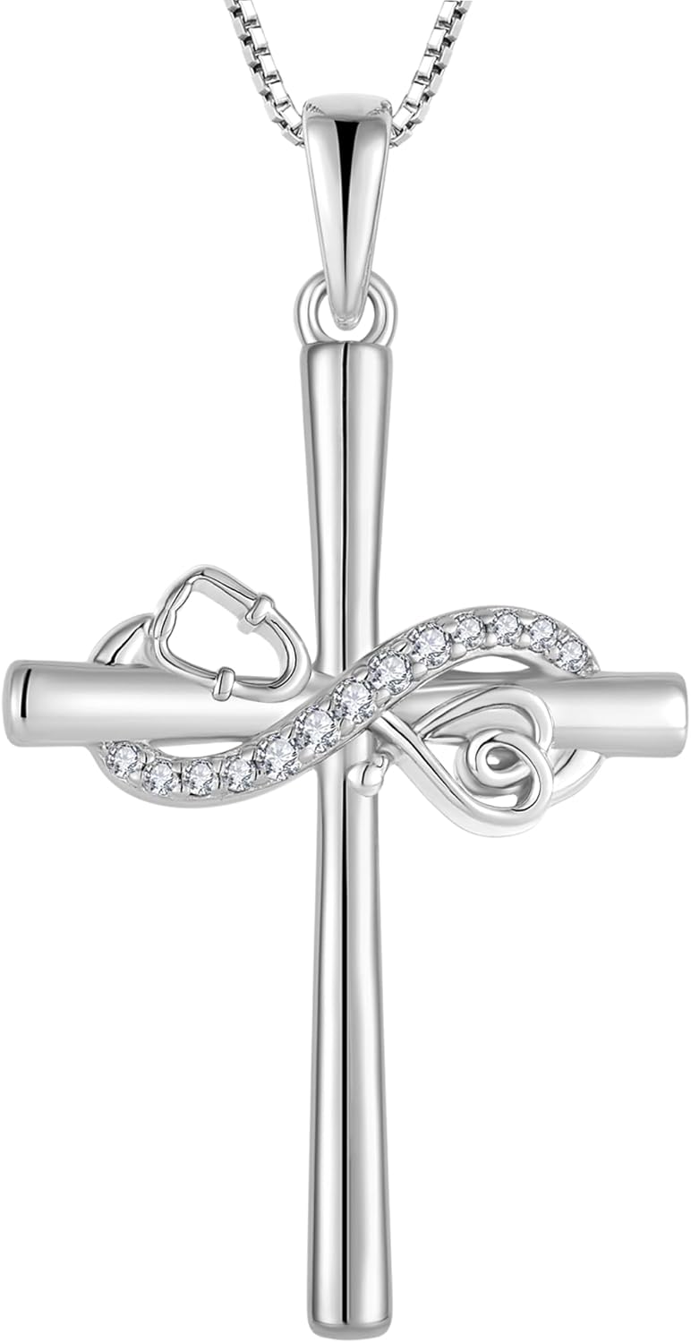 STARCHENIE Women's Stethoscope Cross Necklace Sterling Silver Infinity Cross Pendant Nurse Doctor Jewelry Graduation Gift for Medical Student