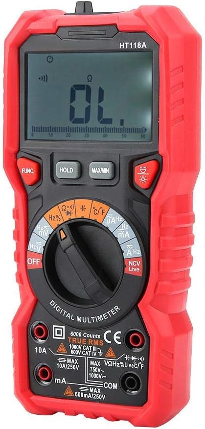 HT118A Handheld Digital Multimeter AC/DC Voltmeter Ammeter Volt Amp Ohm Capacitance Hz Temp Tester with Flashlight