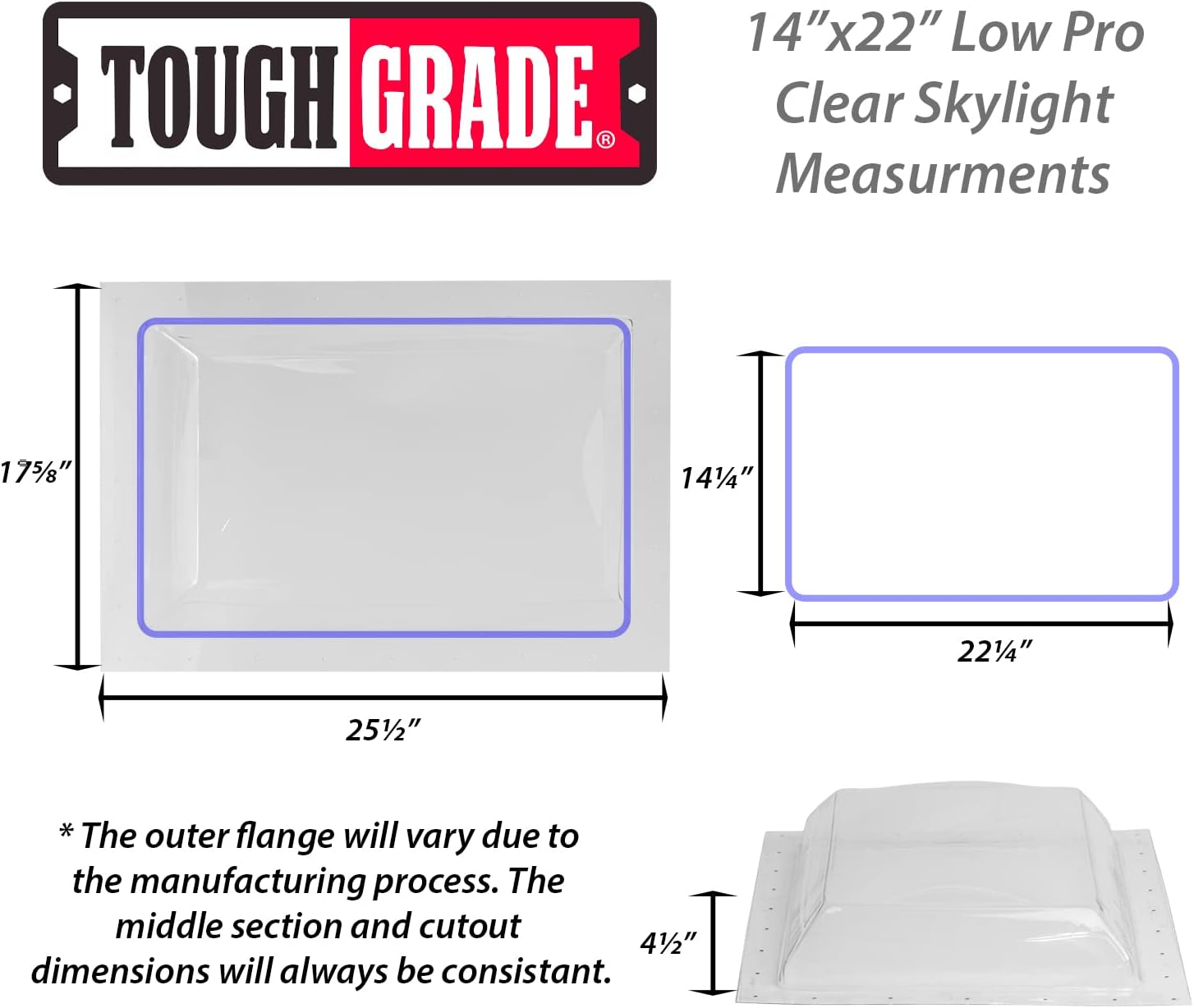 Tough Grade RV/Camper Dome Skylights 14" x 22" | Acrylic Replacement Skylights