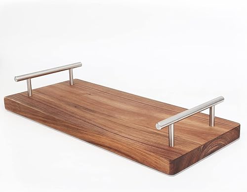 Miniatura 1 de Resafy Bandeja de madera de acacia con asas de acero inoxidable, hecha a mano, mesa decorativa para servir, plato decorativo de comida para anidar