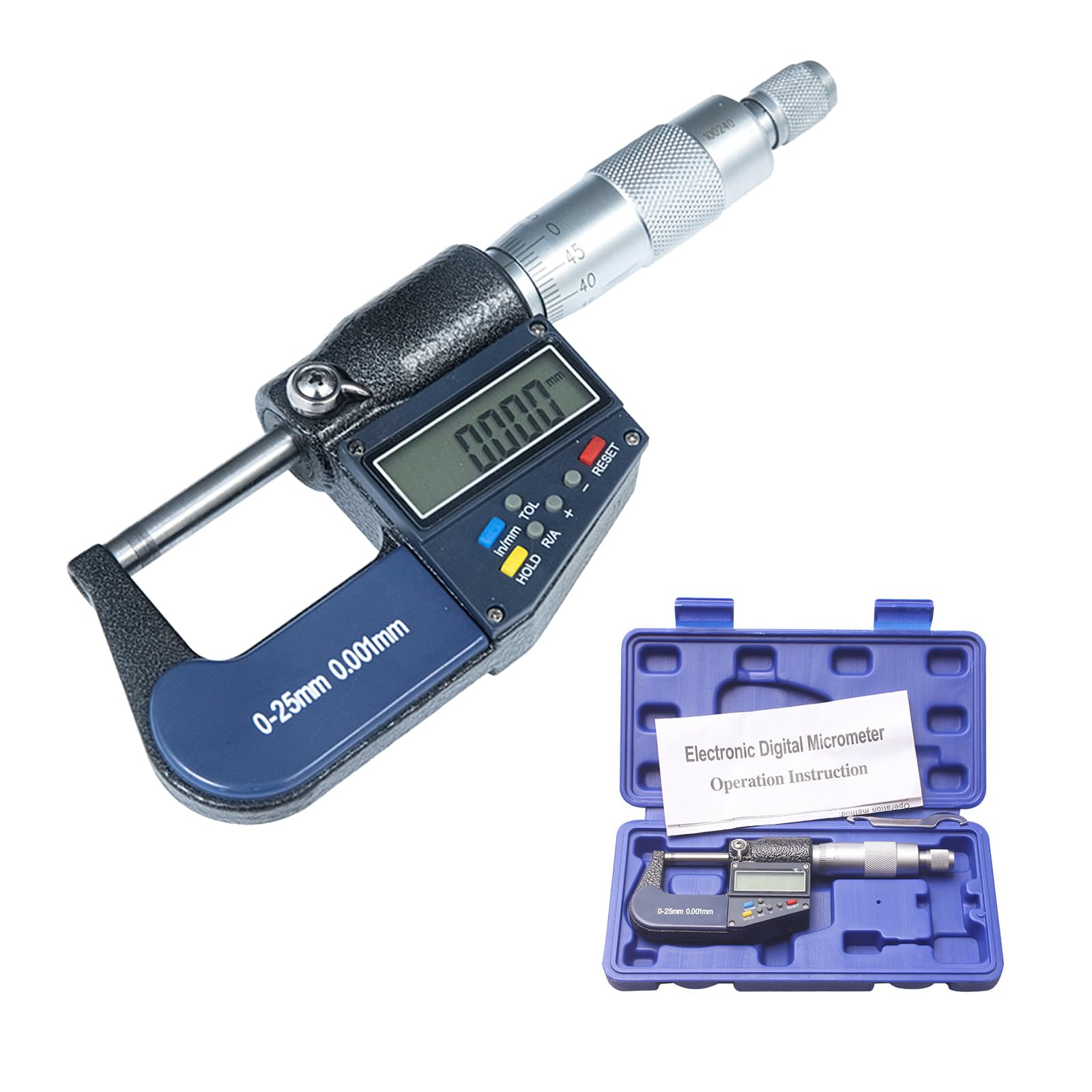 Micrómetro digital exterior con punta de carburo, rango de medición de 0 a 25 mm, precisión de 0,001 mm con tope de trinquete y funda protectora, herramienta de taller de maquinaria de precisión para