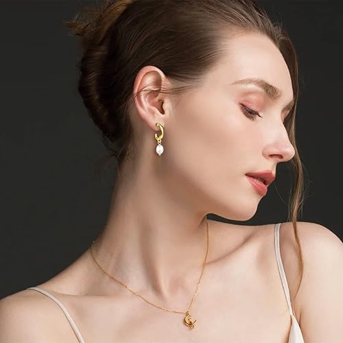 Miniatura 2 de Aretes de perlas para mujer, chapados en oro de 14 quilates, con perlas barrocas cultivadas en agua dulce, aretes colgantes de perlas de oro para