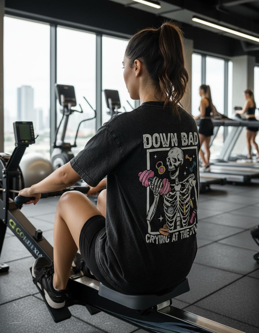 Funny Gym Shirts for Women-Down Bad Crying at The Gym - Novelty and Fun Design, Washed Heavyweight Cotton Gym t-Shirt