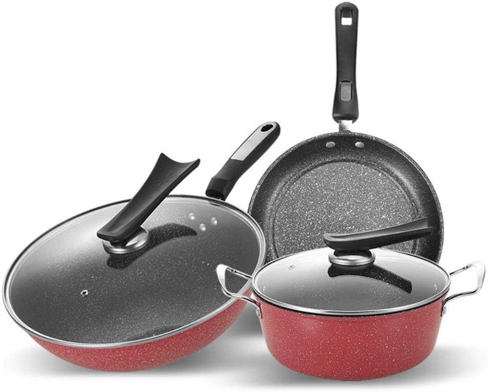 Wok Pan Cookware Set Non-Stick Wok Soup Pot Frying Pan Three-Piece Cooker Gas Stove Home Kitchen Cookware Combination for Cooking Frying (Color : Black Size : Free Size) (Black Free size)